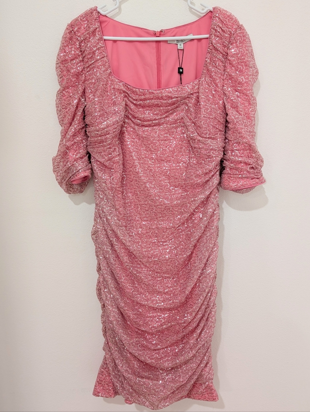 Badgley Mischka Light Pink Sequin Square Neck Ruched Cocktail Midi Dress 16 NWT - Picture 7 of 13